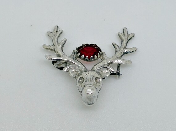 Antique 1919 Sterling Silver Ruby Paste Stags Fac… - image 2
