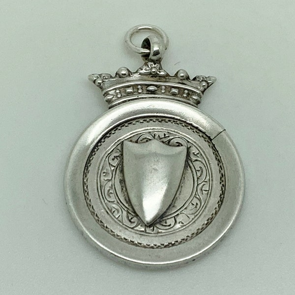 Antique 1928 English Sterling Silver Blank Unengraved Crowned Shield Watch Fob