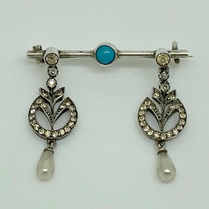 Antique Belle Epoque Sterling Silver Turquoise, Pearl & Paste Ornate Drop Brooch