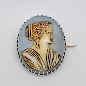 Spilla antica vittoriana in argento sterling con cammeo in vetro dipinto