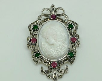 Sterling Silver MOP Cameo, Ruby, Emerald Marcasite Art Deco Style Pendant/Brooch