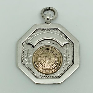Antique 1933 English Sterling Silver Gold Darts Pictorial Blank Medal Watch Fob