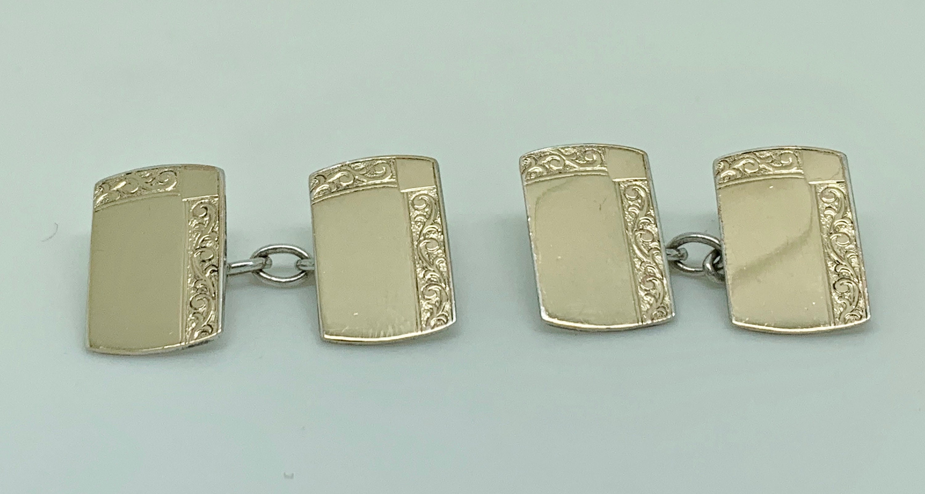 Vintage Art Deco 9ct Gold & Sterling Silver Plain Foliage Panel Cufflinks