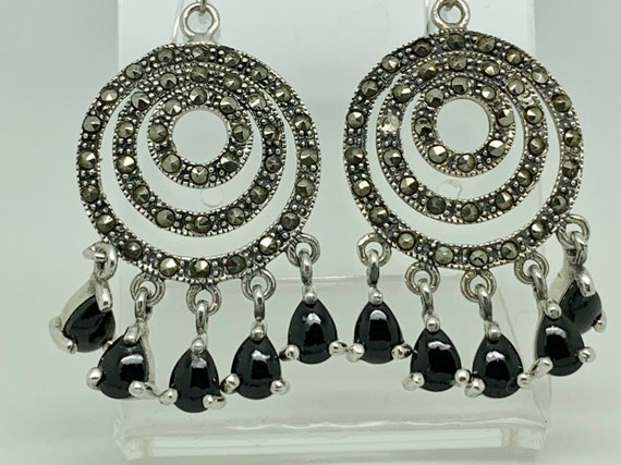 Sterling Silver Onyx Marcasite Art Deco Style Sta… - image 2