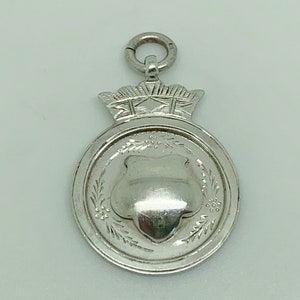 Vintage 1947 English Sterling Silver Engraved Crowned Shield Medal Watch Fob