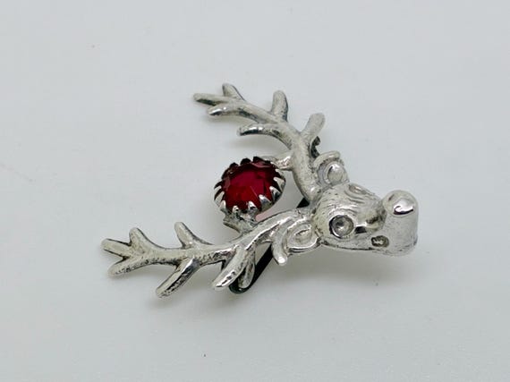 Antique 1919 Sterling Silver Ruby Paste Stags Fac… - image 3
