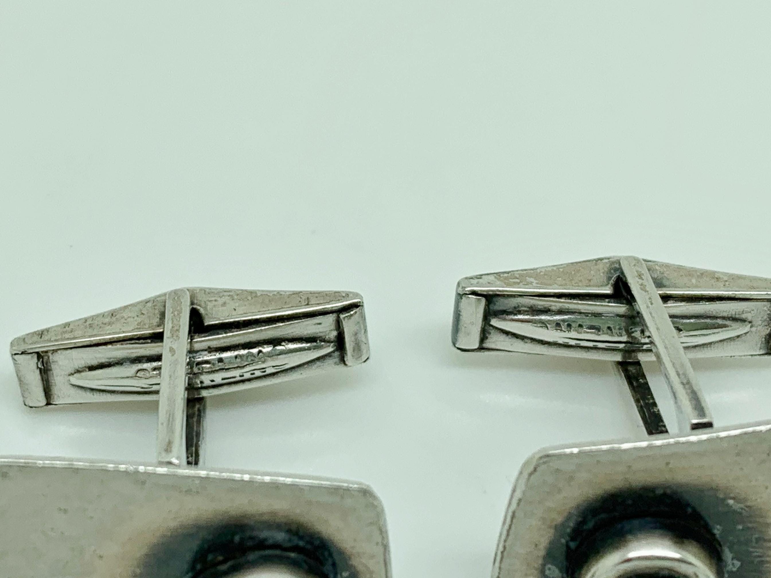 Anciens Boutons De Manchette En Argent Massif - Style Art Déco / Moderniste Cubiste - Motif Sagittaire