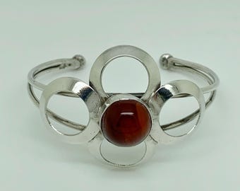 Vintage 900 Silver Carnelian Mid Century Modernist Statement Bangle Bracelet
