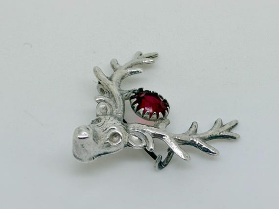 Antique 1919 Sterling Silver Ruby Paste Stags Fac… - image 4