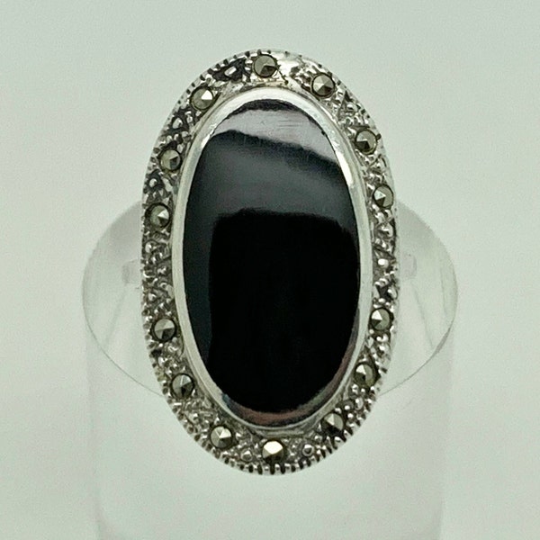 Vintage Sterling Silver Black Onyx Marcasite Art Deco Style Cocktail Ring Size L - US Size 5.5