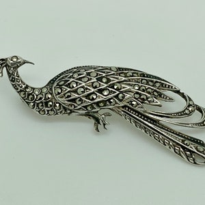 Antique Art Deco Sterling Silver Marcasite Peacock Bird Brooch
