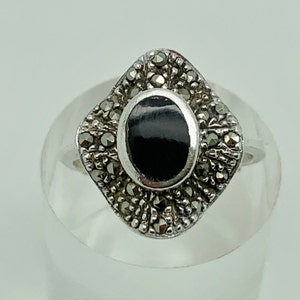 Vintage Sterling Silver Black Onyx Marcasite Art Deco Style Ring Size L - US Size 5.5