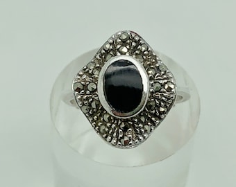 Vintage Sterling Silver Black Onyx Marcasite Art Deco Style Ring Size L - US Size 5.5