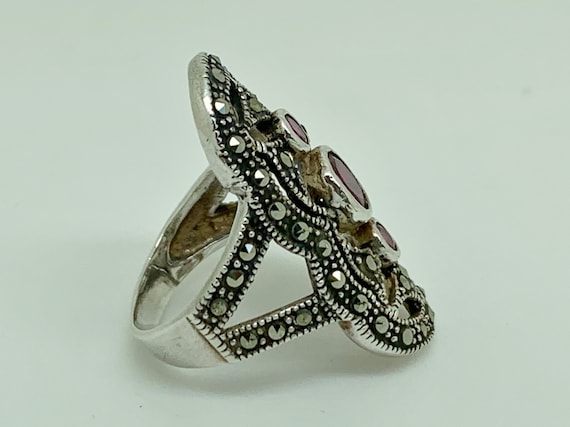 Sterling Silver Lab Created Ruby & Marcasite Deco… - image 5