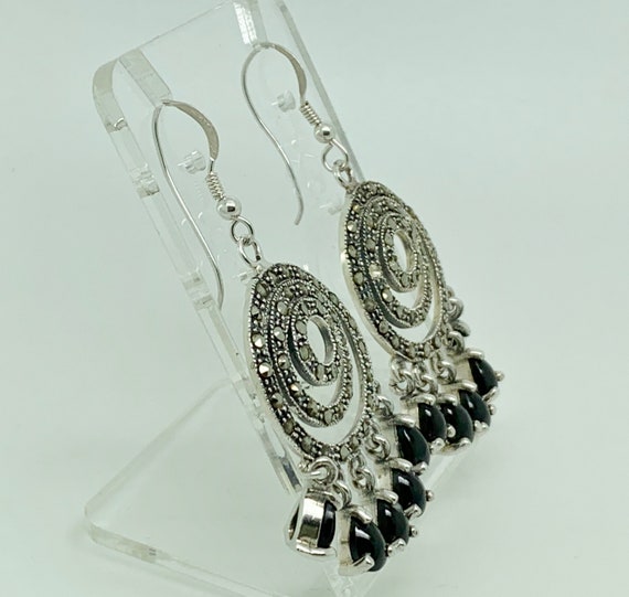 Sterling Silver Onyx Marcasite Art Deco Style Sta… - image 3