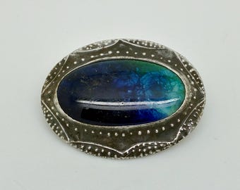 Antique Arts & Crafts Sterling Silver Ruskin Style Blue Pottery Plaque Brooch