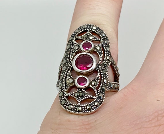 Sterling Silver Lab Created Ruby & Marcasite Deco… - image 8