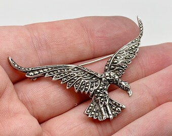 Broche Ancienne En Argent - Forme D'Oiseau Avec Marcassites - Bijou Vintage - Occasion