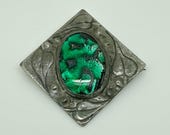 Antique Arts & Crafts Pewter Green Silver Foiled Glass Statement Brooch