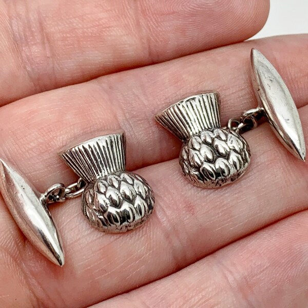 Vintage Art Deco Sterling Silver Detailed Scottish Thistle Torpedo End Cufflinks