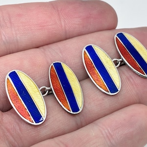 Antique Art Deco Sterling Silver Red, Yellow, Blue Enamel Striped Oval Cufflinks