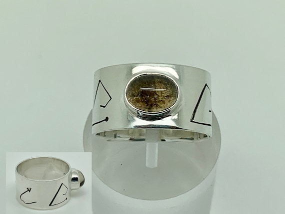 Designer Vintage Studio Sterling Silver Rock Crystal Unusual Tribal Design Band Ring UK Size O 1/2 - US Size 7.25
