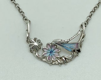 Pat Cheney? Vintage Sterling Silver Enamel Flower Pendant Necklace 16"