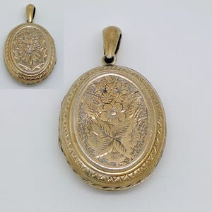 Antique Victorian Gilt Sterling Silver Hand Engraved Aesthetic Floral Oval Locket - Engraved both sides!