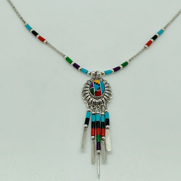 Vintage Native American Zuni Sterling Silver Gemstone Tassel Pendant Liquid Necklace 16" ~ 41cm