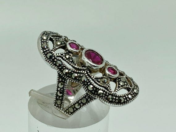 Sterling Silver Lab Created Ruby & Marcasite Deco… - image 3