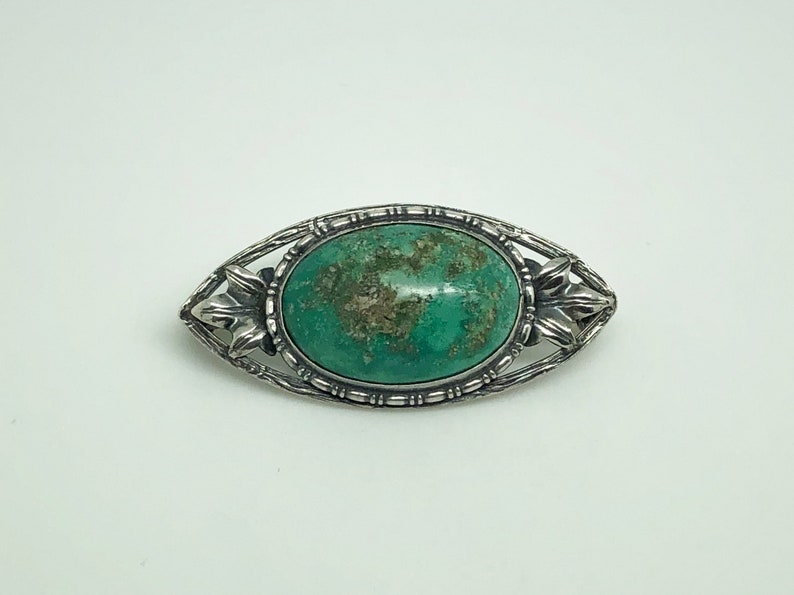 Antique Arts /& Crafts Sterling Silver Turquoise Ornate Leaf Brooch