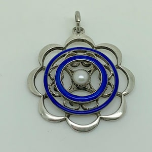 Antique Edwardian 935 Silver Faux Pearl & Blue Enamel Ornate Pendant