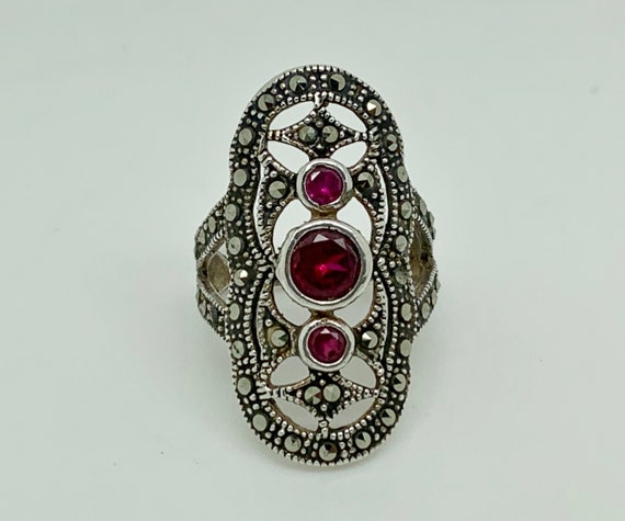 Sterling Silver Lab Created Ruby & Marcasite Deco… - image 4