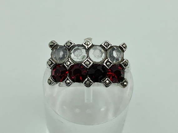 Antique Art Deco 800 Silver Ruby & Diamond Marcasite PASTE Cocktail Ring UK Size O - US Size 7