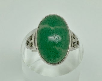 Antique Art Deco Sterling Silver Fuchsite Muscovite & Marcasite Ring Size i 1/2 - US Size 4.5