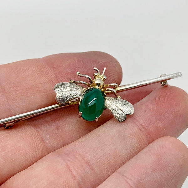Antique Victorian Gilt 830 Solid Silver Chrysoprase Insect Bug Bar Brooch