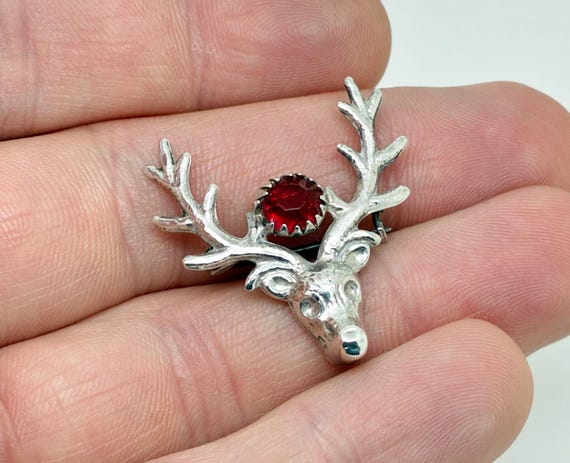 Antique 1919 Sterling Silver Ruby Paste Stags Fac… - image 1