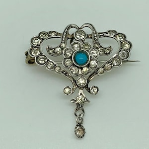 Antique Victorian Sterling Silver Turquoise & Glass Paste Ornate Drop Brooch - Belle Epoque
