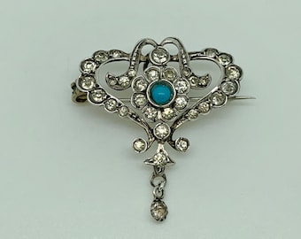 Antike viktorianische Sterling Silber Türkis & Glas Paste Verziert Tropfen Brosche - Belle Epoque