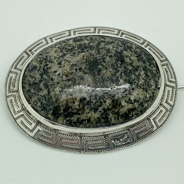 Antique Victorian Sterling Silver Scottish Aberdeen Granite Large Brooch