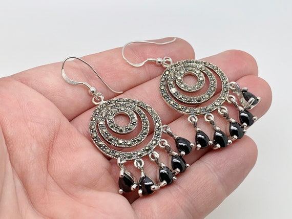 Sterling Silver Onyx Marcasite Art Deco Style Sta… - image 9