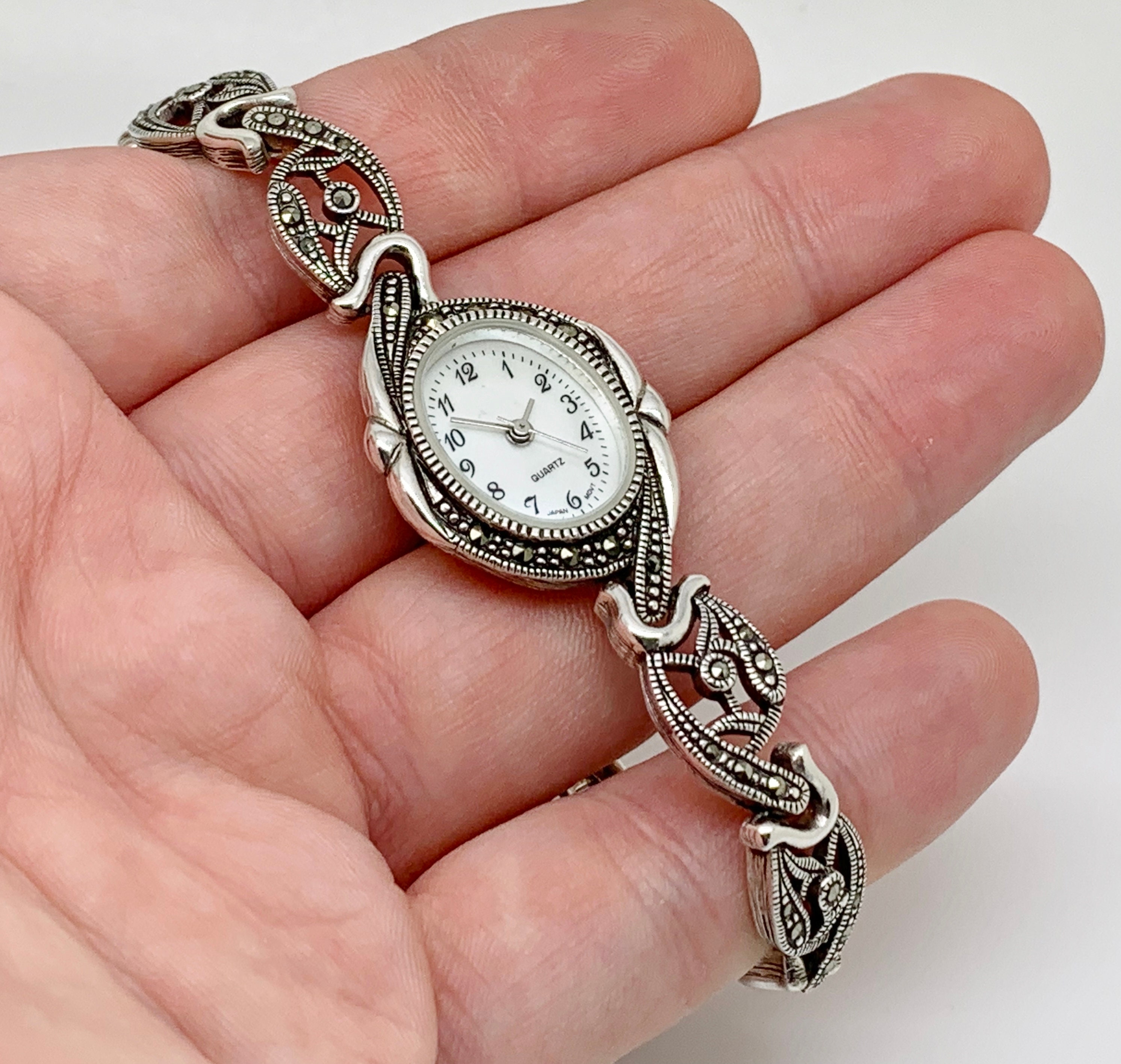 Unique-RARE-Stunning Vintage Art Deco Sterling Silver & Marcasite Watch Vintage Art Deco Sterling Watch With Marcasite Classic  main image 3