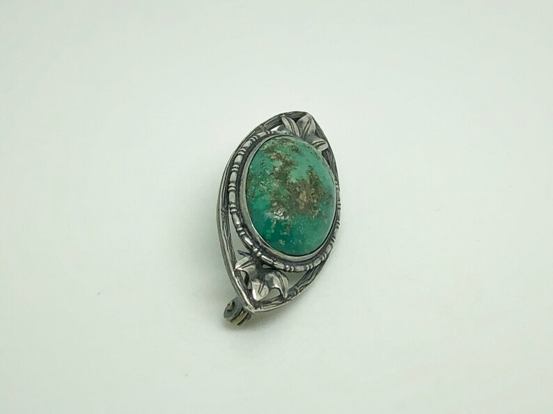 Antique Arts /& Crafts Sterling Silver Turquoise Ornate Leaf Brooch