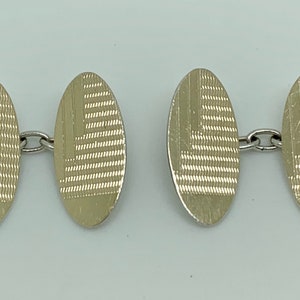 Vintage Art Deco English 9ct Gold & Sterling Silver Engine Turned Oval Cufflinks