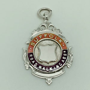 Antique 1931 English Sterling Silver Enamel Suffolk Road Walking Assn Medal Watch Fob