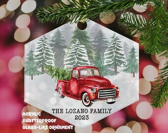 Vintage Christmas Truck "Glass-Like" Acrylic Shatter-Proof Personalized Ornament | Farmhouse Holiday Ornament | Personalised Ornament