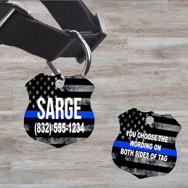 2 Sided TBL - Police Badge Shape Thin Blue Line Dog Tag - Back The Blue - Custom Name - Dog Tags - Custom Tags - Dog Bone Tag - K9