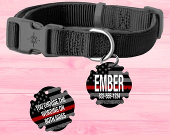 Emblème de la croix de Malte à 2 côtés - Étiquette pour animaux de compagnie de pompier à ligne rouge mince - Back The Red - Nom personnalisé - Dog Tags - Fire Tags - Dog Bone Tag - TRL