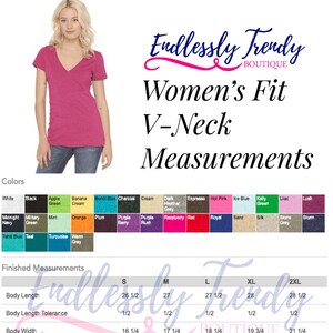 May include: A size chart for women's V-neck t-shirts, showing measurements in inches for sizes S, M, L, XL, and 2XL. The chart includes measurements for body length, body length tolerance, body width, and body width tolerance.