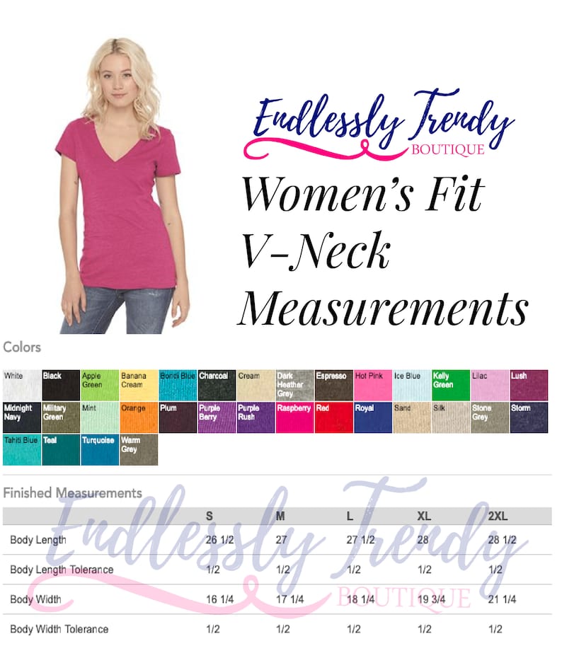 May include: A size chart for women's V-neck t-shirts, showing measurements in inches for sizes S, M, L, XL, and 2XL. The chart includes measurements for body length, body length tolerance, body width, and body width tolerance.